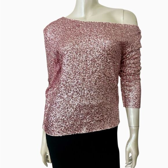 NORMA KAMALI SEQUINED OFF-SHOULDER TOP IN METALLIC ROSE - Picture 1 of 11
